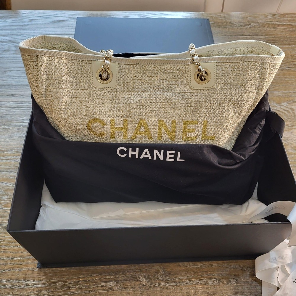 Chanel Lurex Boucle Small Deauville Tote Bag Ivory Gold 31 Rue Cambon 27202807 - Picture 2 of 16